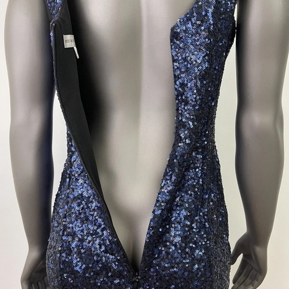 Dress the Population Dress Womens L Blue Sequin Mini Plunge Neckline Sleeveless - Picture 6 of 9